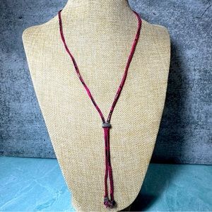 Pink leather snakeskin print lariat necklace with silver slide adjustable pieces